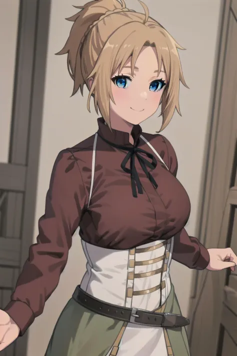 best quality, (masterpiece:1.2), detailed,
<lora:chara_MushokuTensei_ZenithGreyrat_v1:0.8>,
1girl, solo, mature, closed mouth, smile,
ponytail, long hair, blonde hair, blue eyes,
red shirt, long sleeves, white corset, grey skirt, belt,
looking at the viewer,
indoors, night