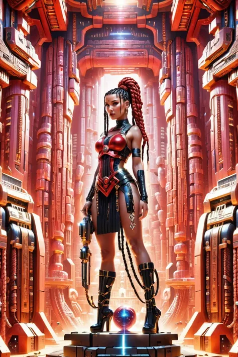 photograph, cinematic, scifi, 1girl, woman, artificer, bright black hair, Grecian Braided Updo,drill hair, (full body:1.3), [:creative costume design:0.2], bombshell hair, pastel red hair, drill hair,Box Braids, thick thighs, narrow waist, caucasian, (catacombs in a dystopian scifi arcology edge of the multiverse, masterpiece:1)<lora:EnvyEgyptianFuturismXL01:1>