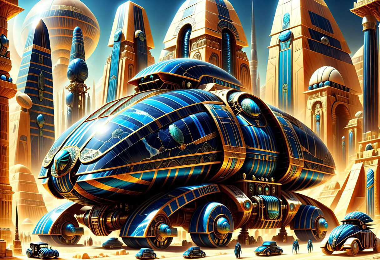 ObsidianMarble, photograph, cinematic, steampunk, great,amazing scifi city at the end of time, blue stripes, scarab cars