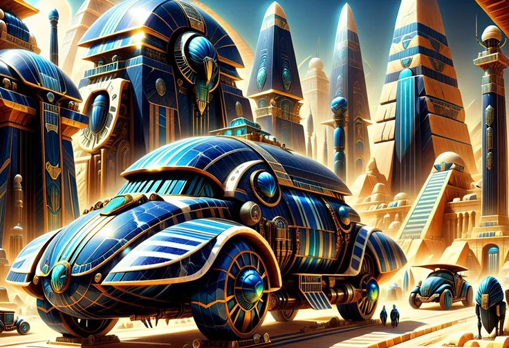 ObsidianMarble, photograph, cinematic, steampunk, great,amazing scifi city at the end of time, blue stripes, scarab cars