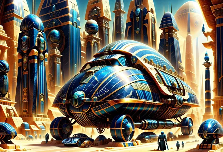 ObsidianMarble, photograph, cinematic, steampunk, great,amazing scifi city at the end of time, blue stripes, scarab cars