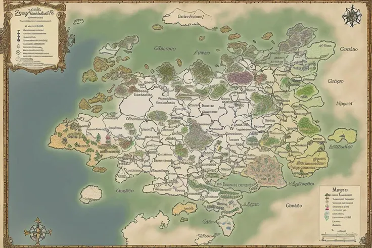 a fantasy map of a unknown country, with cities, villages, rivers, and farms. Roads and lakes. Top down,grid VintageMap_f