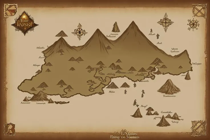 a fantasy map of a unknown island, with drawn symbols for villages, volcano, forest and rivers.   VintageMap_f
