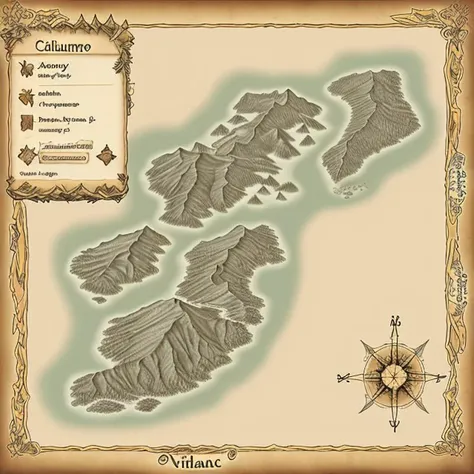 a fantasy map of a unknown island, with a volcano, forest and rivers. VintageMap_f