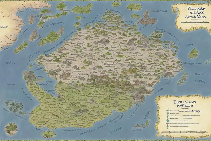 a fantasy map of an alien planet, with cities, villages, rivers, and farms. Roads and lakes. Top down,grid VintageMap_f