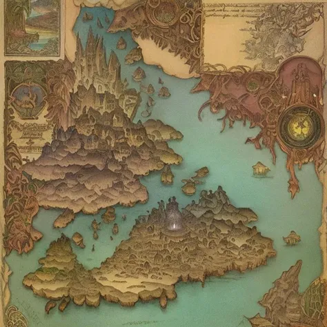 a fantasy map of a unknown island, steampunk, city,vintage map, top down, fantastic illustrations,colorful,borders, outlines, vintagemap_f