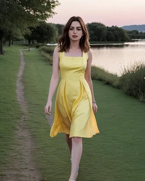 full length photo of AnneH, wearing a lemon yellow summer dress, walking through a park, near a lake, at sunset <lora:AnneH:1>