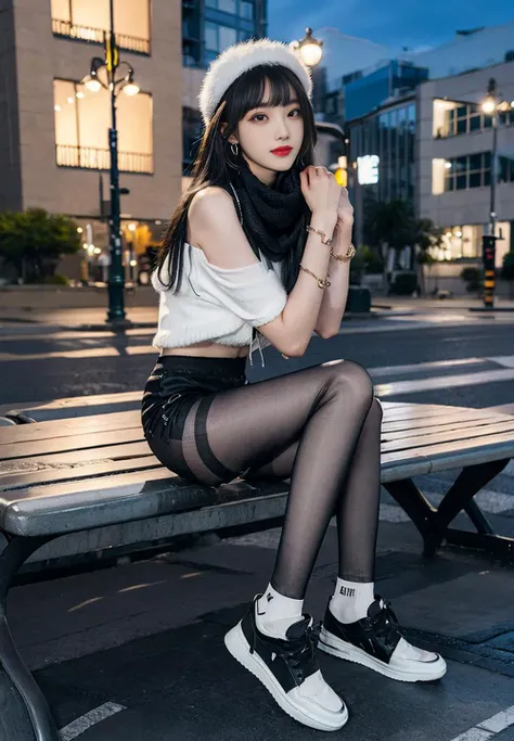 (1girl), best quality, ultra-high res, (photorealistic), (detailed eyes:1.4), (realistic, photo-realistic), perfect lighting, smile, (at night:1.2), snowing, big breast, (long straight hair), blunt bangs, high top sneakers, looking at viewer, side view, (full body), realistic, light skin, hands up, (neck scarf:1.2), (off shoulder shirt:1.2), (black shorts:1.2), (black pantyhose:1.2), jewelry, earrings, on street, sitting on bench, <lora:pantyhose_v20:0.5> <lora:edgHimeCut:0.5> <lora:HighTopsSneakers_v1:1> <lora:chinaDollLikeness_v10:0.7>
