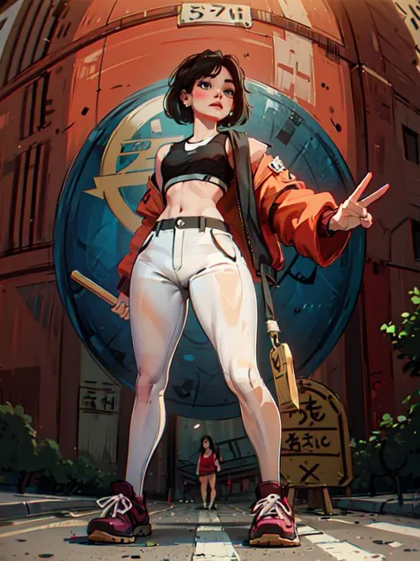 (from_below, fisheye:1.2), (masterpiece), (best quality),
make up, blush, earring, sneakers, 1girl, pantyhose, sports bra, medium breast, wide hips, (curvy:1.3), Bape outfit, road sign, street park, street, urban, <lora:clothesUpdate:0.7>, <lora:Sneakers:0.7>, loraeyes, <lora:Loraeyes_V1:0.6>, sam yang, <lora:sam_yang_offset_right_filesize:0.6>, arcane style, <lora:arcane_offset:0.6>, <lora:add_saturation:-1.6>, <lora:add_detail:0.5>