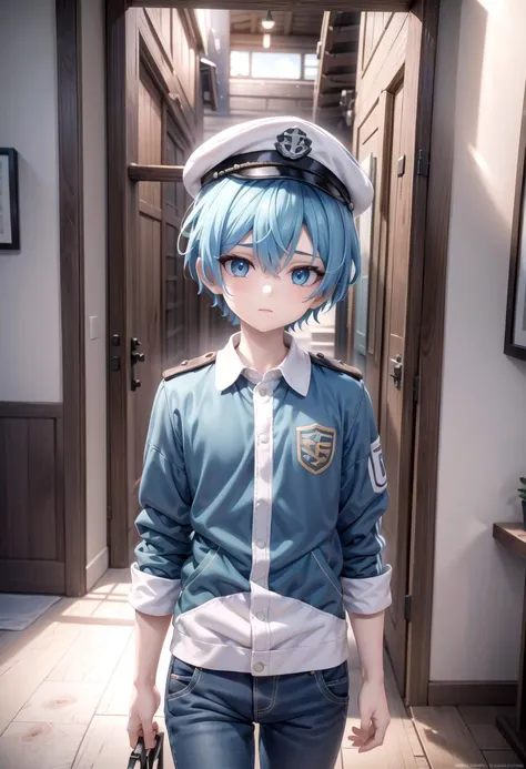 <lora:aoi-SD-v1.0:0.6> ,1 boy, (solo:1.2), aoi, blue hair,  masterpiece, beach, blue eyes, cute shirt, (blue captain cap:1.2), pants, petite, male focus, male body features, standing,
(masterpiece:1.2), best quality, high resolution, unity 8k wallpaper, (illustration:0.8), (beautiful detailed eyes:1.6), extremely detailed face, perfect lighting, extremely detailed CG, (perfect anatomy),
The soft lighting and detailed surroundings create an immersive environment where imagination runs wild hyper-detailed, hyper-detailed face, high quality visuals, dim Lighting, sharply focused, octane render, 8k UHD,
 GS-Boyish