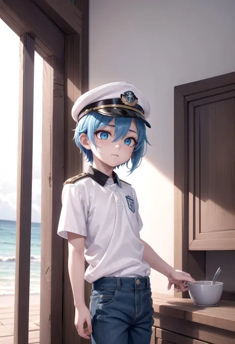 <lora:aoi-SD-v1.0:0.6> ,(1 boy:1.2), (solo:1.2), aoi, blue hair, masterpiece, beach, blue eyes, cute shirt, (captain cap:1.2), pants, petite, male focus, male body features, standing,
(masterpiece:1.2), best quality, high resolution, unity 8k wallpaper, (illustration:0.8), (beautiful detailed eyes:1.6), extremely detailed face, perfect lighting, extremely detailed CG, (perfect anatomy),
The soft lighting and detailed surroundings create an immersive environment where imagination runs wild hyper-detailed, hyper-detailed face, high quality visuals, dim Lighting, sharply focused, octane render, 8k UHD,
GS-Boyish