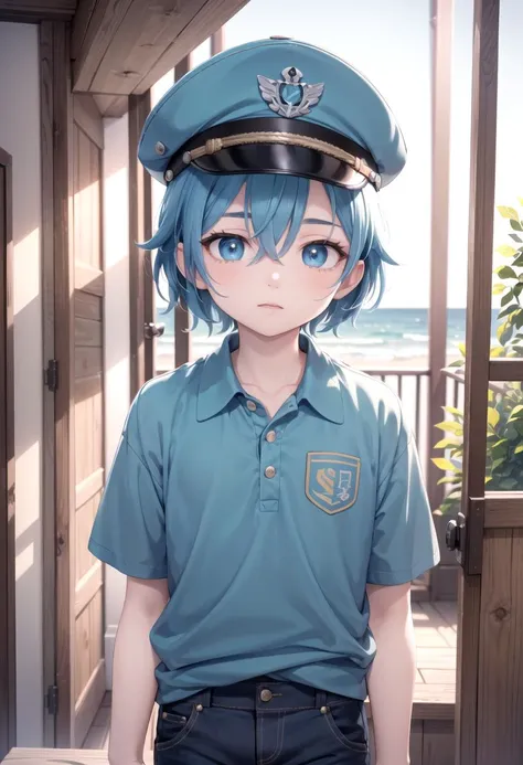 <lora:aoi-SD-v1.0:0.6> ,1 boy, (solo:1.2), aoi, blue hair,  masterpiece, beach, blue eyes, cute shirt, (blue captain cap:1.2), pants, petite, male focus, male body features, standing,
(masterpiece:1.2), best quality, high resolution, unity 8k wallpaper, (illustration:0.8), (beautiful detailed eyes:1.6), extremely detailed face, perfect lighting, extremely detailed CG, (perfect anatomy),
The soft lighting and detailed surroundings create an immersive environment where imagination runs wild hyper-detailed, hyper-detailed face, high quality visuals, dim Lighting, sharply focused, octane render, 8k UHD,
 GS-Boyish