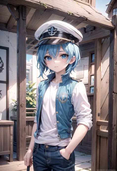 <lora:aoi-SD-v1.0:0.6> ,1 boy, (solo:1.2), aoi, blue hair,  masterpiece, beach, blue eyes, cute shirt, (blue captain cap:1.2), pants, petite, male focus, male body features, standing,
(masterpiece:1.2), best quality, high resolution, unity 8k wallpaper, (illustration:0.8), (beautiful detailed eyes:1.6), extremely detailed face, perfect lighting, extremely detailed CG, (perfect anatomy),
The soft lighting and detailed surroundings create an immersive environment where imagination runs wild hyper-detailed, hyper-detailed face, high quality visuals, dim Lighting, sharply focused, octane render, 8k UHD,
 GS-Boyish