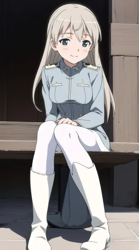 masterpiece, best quality,
eila ilmatar juutilainen, 1girl, uniform, smile,
(pantyhose:1.2), white legwear, (boots:1.2), white footwear,
sitting, looking up, looking at viewer, brushing hair,
<lora:strike-witches-501st-eila-ilmatar-juutilainen:0.8>