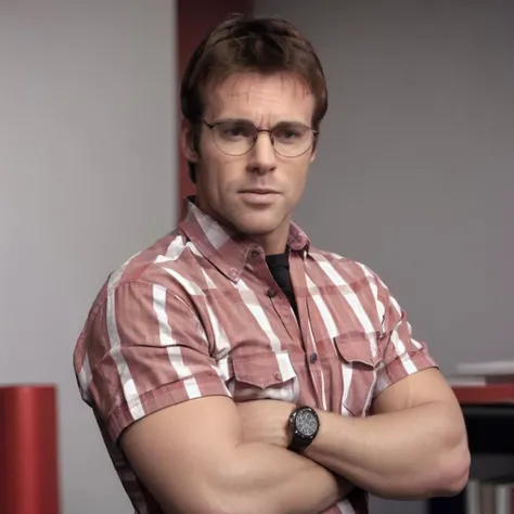 RAW photo of man sgdaniel , realistic, movie, cinematic, sitting, fit, college library, ((wearing red white checkered button-down shirt)), messy hair, glasses <lora:sgdaniel_v1:1>