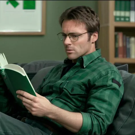 RAW photo of man sgdaniel , realistic, movie, cinematic, sitting, reading book, fit, college library, ((wearing green white checkered button-down shirt)), glasses <lora:sgdaniel_v1:1>