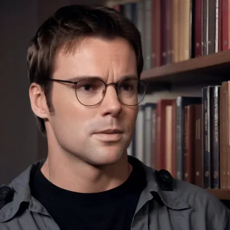 RAW photo of man sgdaniel portrait, realistic, movie, cinematic, standing, fit, worried, dark vintage library, long sleeves, Half-sleeved shirt, glasses <lora:sgdaniel_v1:1>