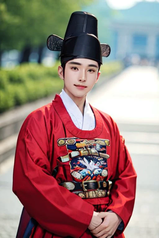 1male, hanbok, hat, korean clothes, robe, upper body, outdoors, from front, <lora:hanbok_mun_v4-000006:0.9>