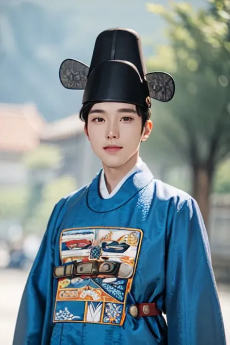 1male, hanbok, hat, korean clothes, robe, upper body, outdoors, from front,<lora:hanbok_mun_v4:0.9>