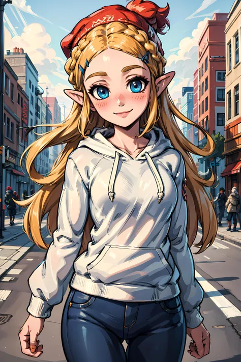 masterpiece, high quality, highres, 1girl, solo, <lora:Zelda-v1-01:0.4>, <lora:Botw:0.25>, BotwZelda, blonde hair, braids, long hair, hair ornament, blue eyes, (blush, blush lines:1), looking at viewer, happy, smile, white hoodie, blue jeans, black beanie, street background,