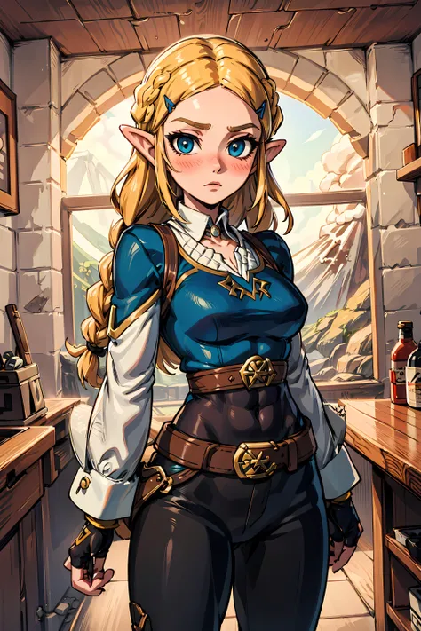 masterpiece, high quality, highres, 1girl, solo, <lora:Zelda-v1-01:0.4>, <lora:Botw:0.25>, BotwZelda, blonde hair, braids, long hair, hair ornament, blue eyes, (blush, blush lines:1), looking at viewer, (((inside volcano))), standing, serious, outfit_normal, blue shirt, gold belt under breasts, gold trim, white undershirt, black gloves, fingerless gloves, pants, black pants, long sleeves,