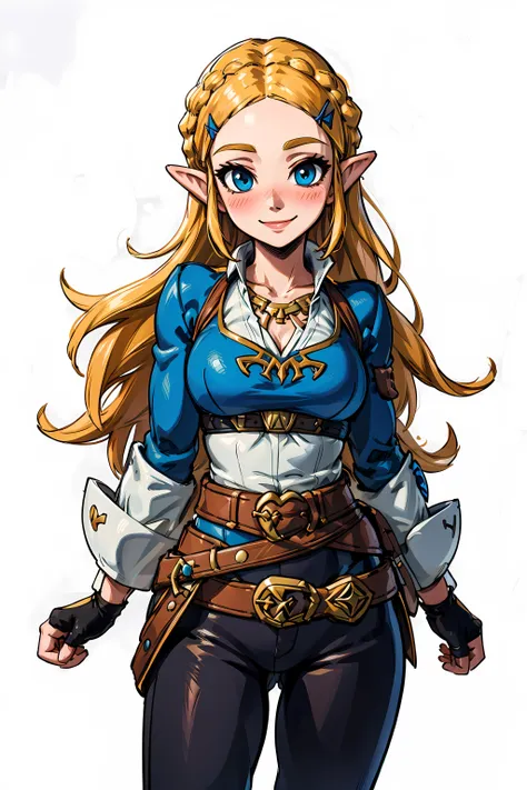 masterpiece, high quality, highres, 1girl, solo, <lora:Zelda-v1-01:0.4>, <lora:Botw:0.25>, BotwZelda, blonde hair, braids, long hair, hair ornament, blue eyes, (blush, blush lines:1), looking at viewer, standing, happy, smile, outfit_normal, blue shirt, gold belt under breasts, gold trim, white undershirt, black gloves, fingerless gloves, pants, black pants, long sleeves,