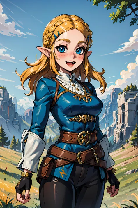 masterpiece, high quality, highres, 1girl, solo, <lora:Zelda-v1-01:0.4>, <lora:Botw:0.25>, BotwZelda, blonde hair, braids, long hair, hair ornament, blue eyes, (blush, blush lines:1), looking at viewer, outdoors, mountains, fields, grass, trees, standing, happy, smile, open mouth, outfit_normal, blue shirt, gold belt under breasts, gold trim, white undershirt, black gloves, fingerless gloves, pants, black pants, long sleeves,