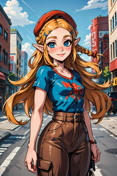 masterpiece, high quality, highres, 1girl, solo, <lora:Zelda-v1-01:0.4>, <lora:Botw:0.25>, BotwZelda, blonde hair, braids, long hair, hair ornament, blue eyes, (blush, blush lines:1), looking at viewer, happy, smile, bright red t-shirt shirt, light brown cargo pants, flat-top cap, street background,