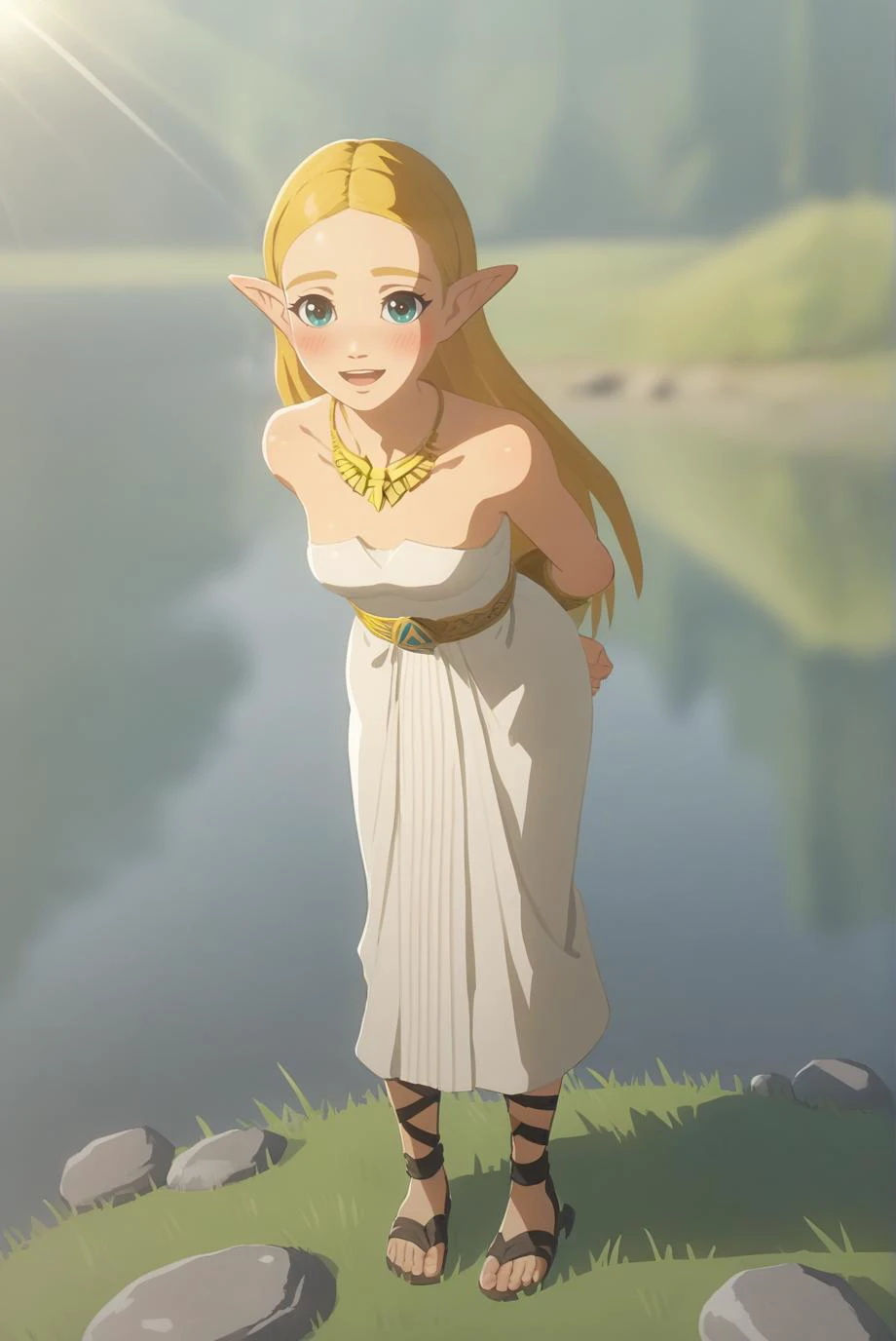 score_9, score_8_up, score_7_up, score_6_up, score_5_up, score_4_up, BREAK source_anime, 1girl, solo,
<lora:ZeldaXL-v2-07:0.8>, ChopioZelda, blonde hair, aqua eyes, pointy ears, looking at viewer,
medium breasts,
long hair,
outfit_2, white dress, strapless dress, bare shoulders, necklace, gold chest belt, triforce, gold bracer, black sandals, full body,
nature, lake, smile, open mouth, happy, blush, light rays, reflection, arms behind back, leaning forward, grass, rocks,