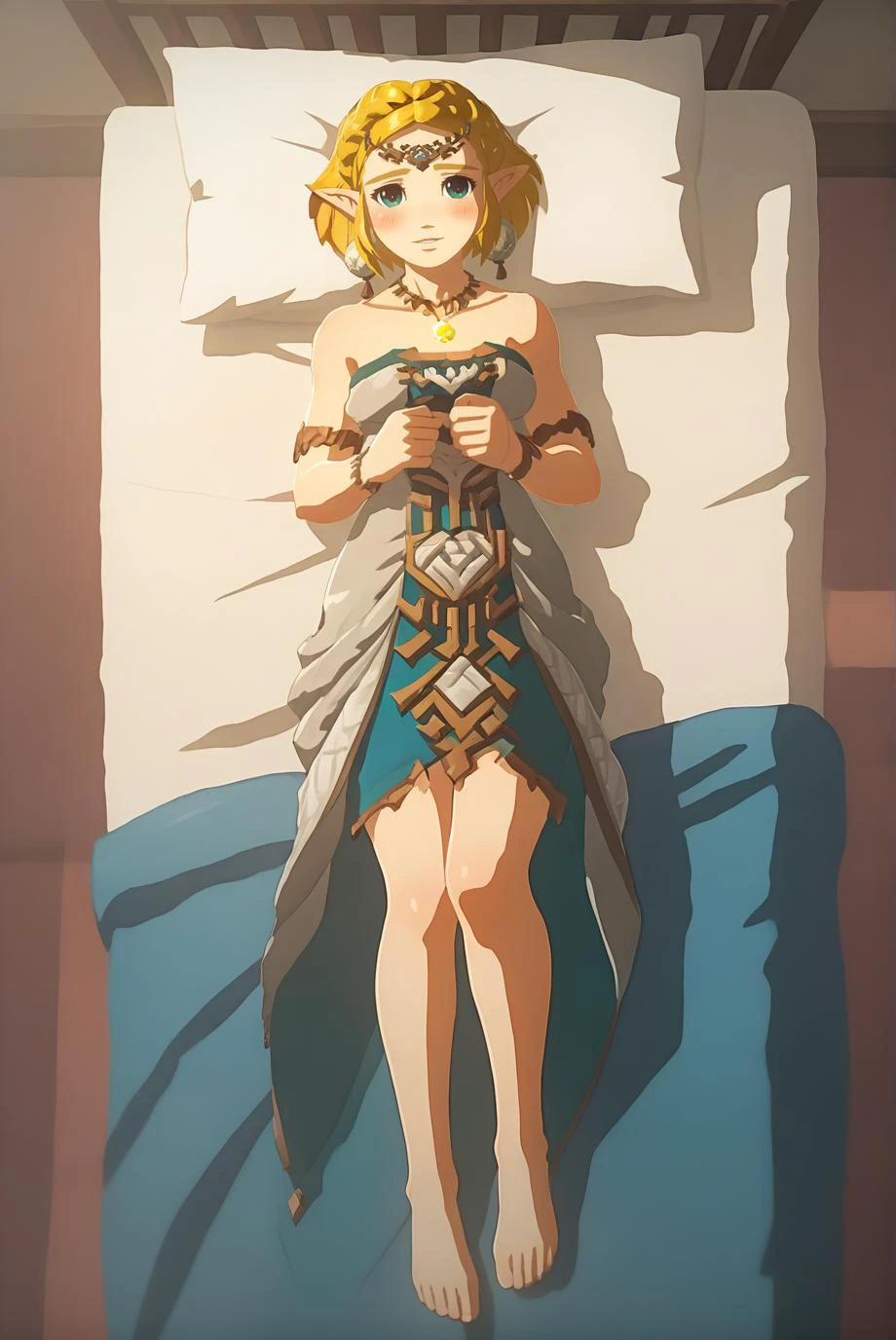 score_9, score_8_up, score_7_up, score_6_up, score_5_up, score_4_up, BREAK source_anime, 1girl, solo,
<lora:ZeldaXL-v2-07:1.0>, ChopioZelda, blonde hair, aqua eyes, pointy ears,
large breasts,
short hair, crown braid, sidelocks,
outfit_3, circlet, grey dress, strapless dress, earrings, necklace, gem, yellow gem, bare shoulders, armlet, bracelet, full body, barefoot, looking away,
bedroom, bed, bed sheet, pillow, on bed, on back, from above, smile, parted lips, shy, cleavage, (blush:1.2)