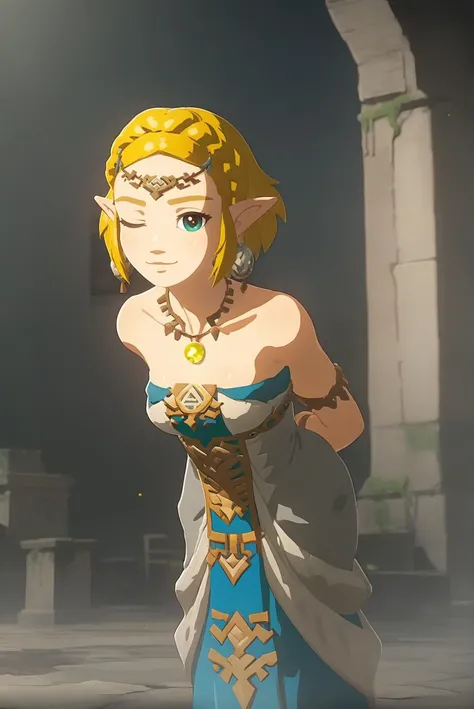 score_9, score_8_up, score_7_up, score_6_up, score_5_up, score_4_up, BREAK source_anime, 1girl, solo,
<lora:ZeldaXL-v2-07:1.0>, ChopioZelda, blonde hair, aqua eyes, pointy ears, looking at viewer,
medium breasts,
short hair, crown braid, sidelocks,
outfit_3, circlet, grey dress, strapless dress, earrings, necklace, gem, yellow gem, bare shoulders, armlet, bracelet,
ruins, dark, night, arms behind back, leaning forward, smug, one eye closed,