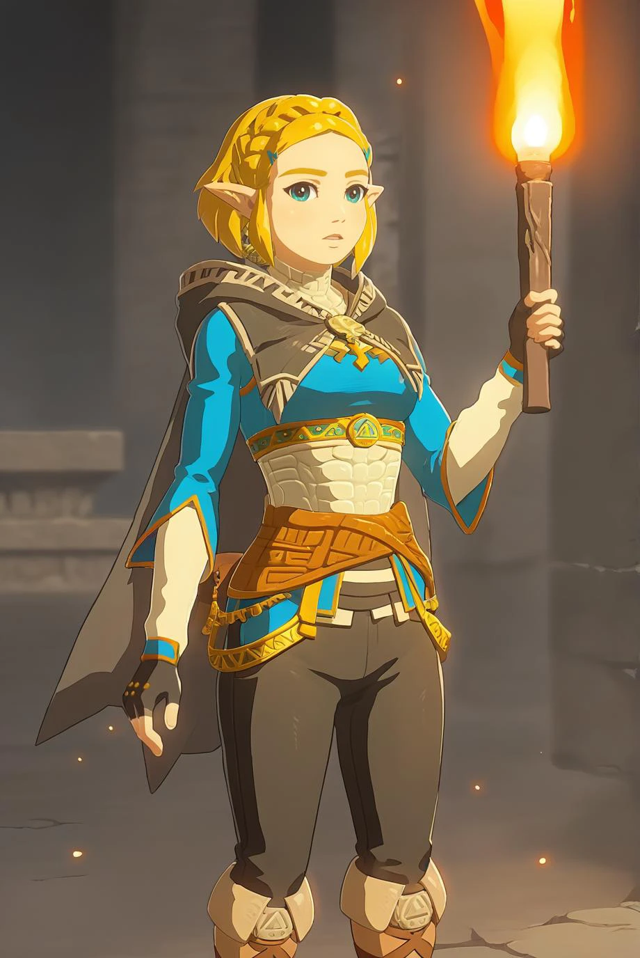score_9, score_8_up, score_7_up, score_6_up, score_5_up, score_4_up, BREAK source_anime, 1girl, solo,
<lora:ZeldaXL-v2-07:1.0>, ChopioZelda, blonde hair, aqua eyes, pointy ears, looking at viewer,
medium breasts,
short hair, crown braid, sidelocks, parted bangs, hairclip,
outfit_1, blue crop top, gold trim, white undershirt, breastplate, layered sleeves, brown sash, black gloves, fingerless gloves, black pants, knee boots, brown footwear,
black cape, hooded cape,
aztec, ruins, dark, cave, holding torch, parted lips, fire, torch, embers,