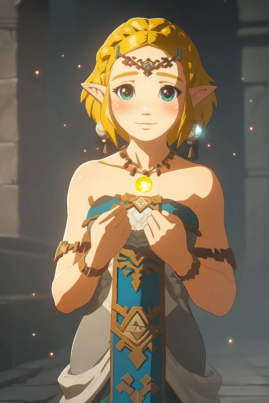 score_9, score_8_up, score_7_up, score_6_up, score_5_up, score_4_up, BREAK source_anime, 1girl, solo,
<lora:ZeldaXL-v2-07:1.0>, ChopioZelda, blonde hair, aqua eyes, pointy ears, looking at viewer,
medium breasts,
short hair, crown braid, sidelocks,
outfit_3, circlet, grey dress, strapless dress, earrings, necklace, gem, yellow gem, bare shoulders, armlet, bracelet,
ruins, dark, night, smile, shy, blush, (glowing gem:0.8), light particles,