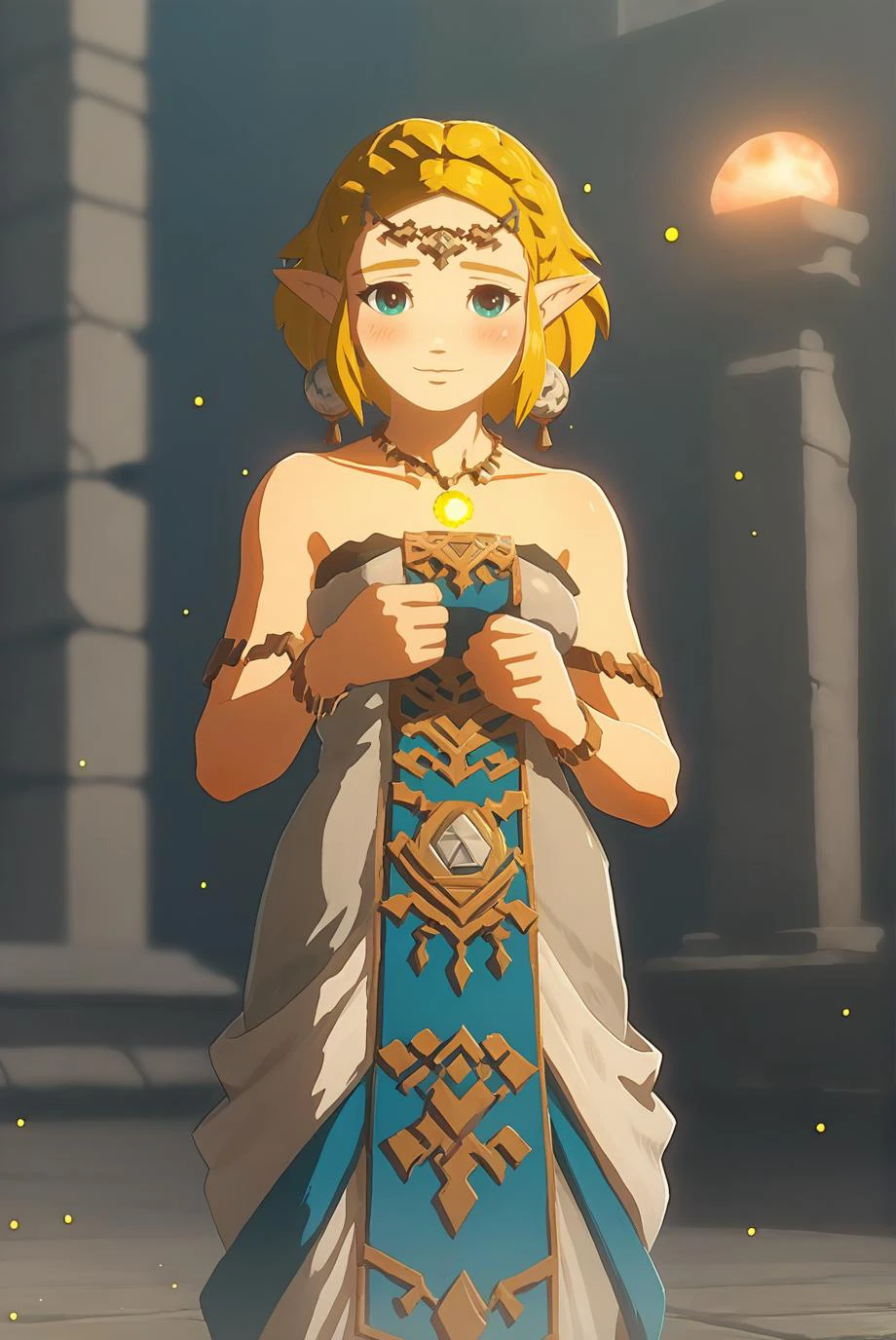 score_9, score_8_up, score_7_up, score_6_up, score_5_up, score_4_up, BREAK source_anime, 1girl, solo,
<lora:ZeldaXL-v2-07:1.0>, ChopioZelda, blonde hair, aqua eyes, pointy ears, looking at viewer,
medium breasts,
short hair, crown braid, sidelocks,
outfit_3, circlet, grey dress, strapless dress, earrings, necklace, gem, yellow gem, bare shoulders, armlet, bracelet,
ruins, dark, night, smile, shy, blush, (glowing gem:0.8), light particles,