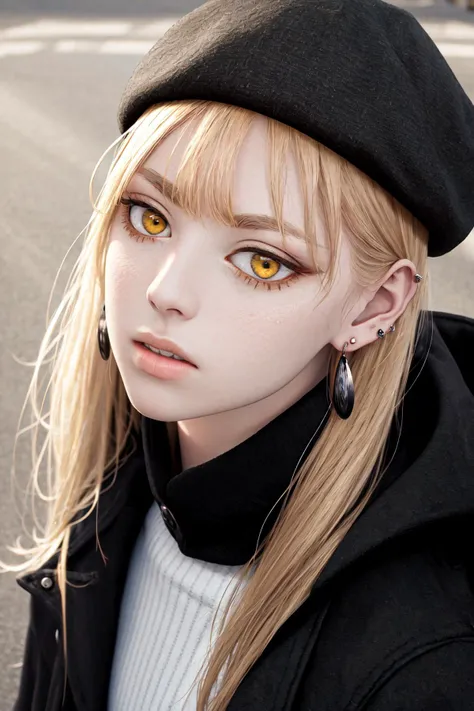 masterpiece, best quality, highres, 1girl yellow eyes earrings <lora:guideau_no_outfit:1> black black headwear beret, black coat, photorealistic, looking up, looking at viewer
