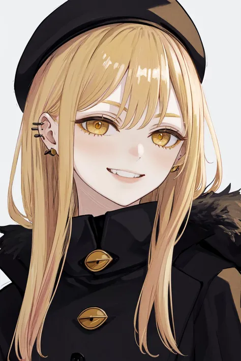 masterpiece, best quality, highres, 1girl yellow eyes earrings <lora:guideau_no_outfit:1> standing, simple background, smile, black coat, black headwear beret