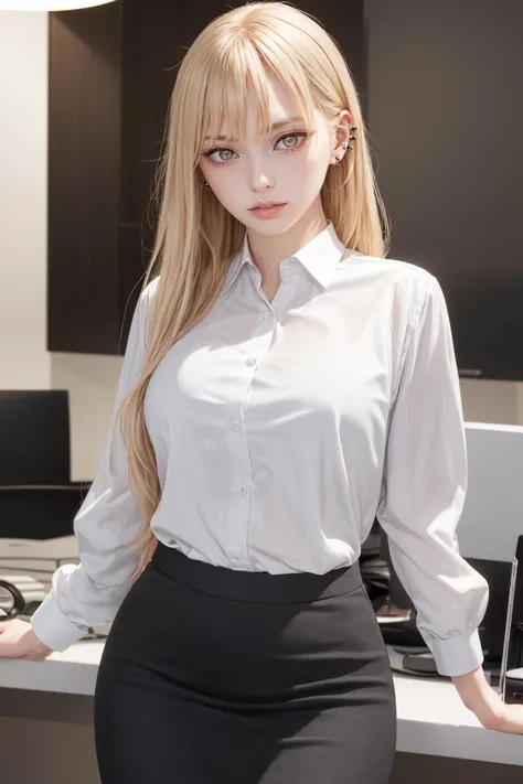 ((masterpiece)), (best quality), official art, extremely detailed CG, unity 8k wallpaper, ultra detailed,
1girl yellow eyes earrings, office lady, white shirt, pencil skirt, (high heels:0.7), 
cowboy shot, glowing eyes,
<lora:guideau_no_outfit:1>