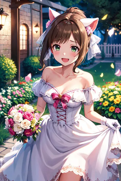 <lora:maekawa_miku:1>, maekawa_miku, 1girl, :d, blush, brown_hair,
fang, (green_eyes:1), looking_at_viewer, open_mouth, , short_hair, smile, solo, (tareme:1.2), long eyeliner,bare_shoulders, blush, bouquet, brown_hair, bush, castle, church, closed_eyes, day, dress, earrings, falling_petals, flower, garden, gloves, grass, jewelry, maekawa_miku, necklace, outdoors, petals, pink_rose, rose, rose_petals, skirt_hold, sky, smile, solo, tree, wedding_dress, veil, closed mouth, closed eyes,