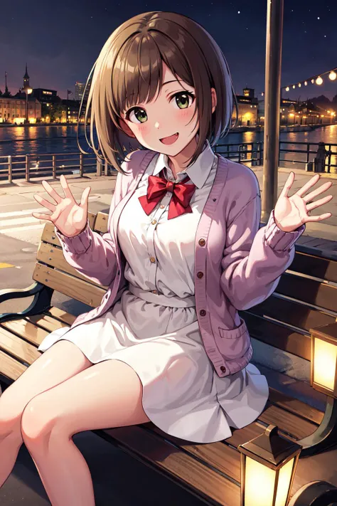 masterpiece, best quality, highres, maemiku, short hair, fang, cardigan, white dress, <lora:maekawa_miku_v1:0.7>, sitting, smile, waving, night, lamppost, bench,