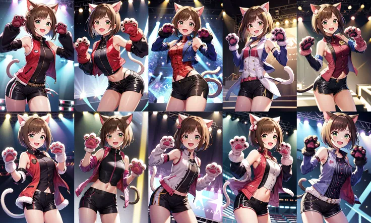 masterpiece, best quality, highres, maemiku, short hair, fang, animal ears, cat tail, hair ornament, shirt, cropped jacket, sleeveless, detached sleeves, gloves, animal hands, short shorts, black shorts, <lora:maekawa_miku_v1:0.7>, standing, cowboy shot, paw pose, smile, open mouth, stage