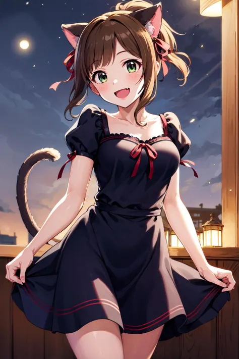 <lora:naazaerisuis13:0.7>, naaza erisuis, hair between eyes, dog ears, dog tail, dog girl, light brown hair, purple eyes, wallpaper, upper body, 1girl, solo, night, night background, moon, stars, beautiful night, mature, wide shot, in frame, centered, ((masterpiece)), ((best quality)), [extremely detailed face], perfect lighting, ((in frame)), strapless, red dress, long dress, strapless dress, large breasts,