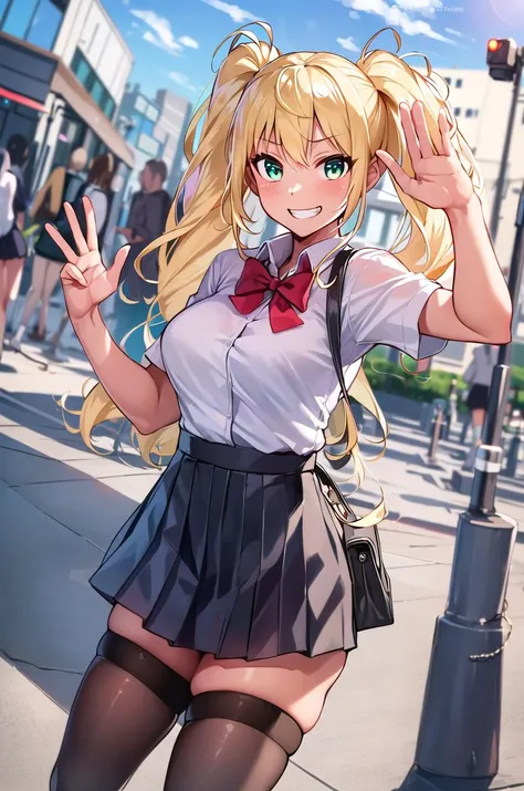 ((masterpiece,best quality, detailed)), 1girl, solo, outdoors, street, waving, 
sakura hibiki, pleated skirt, white shirt, (black thighhighs), school uniform, red bow, grin, dutch angle