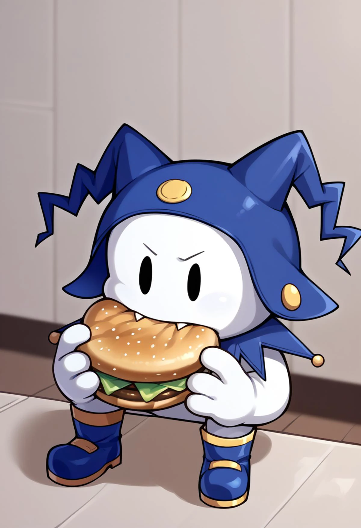score_9, score_8_up, score_7_up, source_anime BREAK solo, no humans, <lora:Jack-Frost-pdxl_Fp:1>, jackfrostsmt, creature, white skin, solid oval eyes, :d, fangs, jester cap, blue footwear, <lora:jermawhopper-pdxl-nvwls-v1:1>, jermaWhopper, eating, burger, looking at you, upper body, chibi