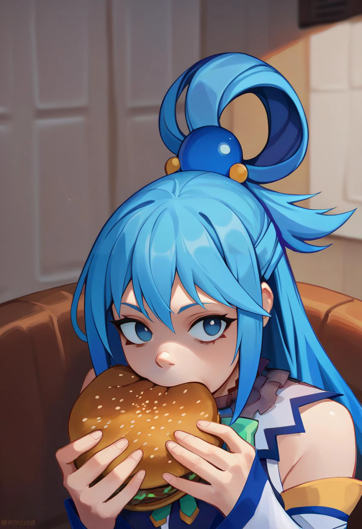 score_9, score_8_up, score_7_up, solo, 1girl, aqua \(konosuba\), jermaWhopper, eating, burger, looking at you, upper body, blue hair, hair rings, blue eyes, sleeveless shirt, detached sleeves, bare shoulders, indoors <lora:style_qt0ri_ponyXL-DoRA:1.1> <lora:jermawhopper-pdxl-nvwls-v1:1>