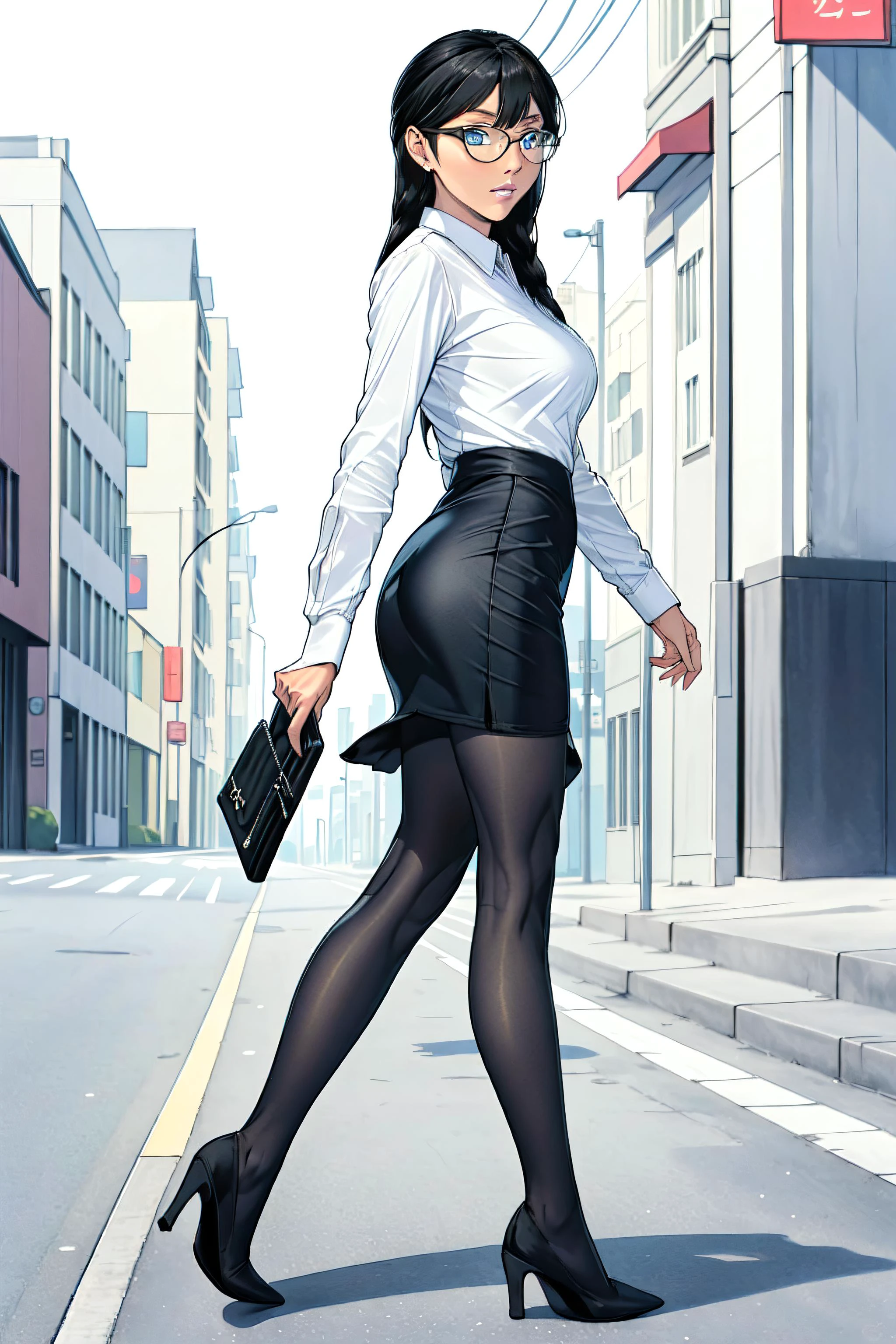 <lora:HomareV1:0.8>, (((masterpiece, best quality, ultra-detailed))), mature female, ((full body)),
<lora:kumashiromaya-nvwls-v1:0.8>, kumashiro maya, black hair, blue eyes,
teacher, (pantyhose), pencil skirt, (high heels), glasses,
walking down the street, empty street, {walking toward the camera|(((viewed from the side)))},