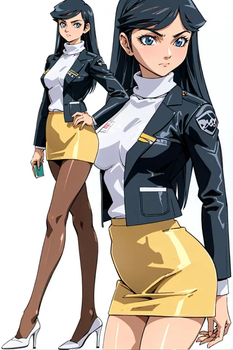 <lora:OobariMasami:0.8>, retro artstyle, 1990s (style), (shining eyes:-1),  (((masterpiece, best quality, ultra-detailed))), mature female, ((full body)), 
<lora:kumashiromaya-nvwls-v1:0.8>, kumashiro maya, 
(white sweater:1.1), turtleneck, (dark pantyhose:1.2), short black pleated skirt, (high heels:1.1), black suit jacket, id card, 
walking down the street, empty street, {walking toward the camera|(((viewed from the side)))},