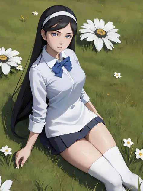 <lora:kumashiromaya-nvwls-v1:1.2> kumashiro maya,
masterpiece, best quality, hairband,
white dress,
black thighhighs, bracelet,
painting, looking at viewer
best quality, masterpiece, sunlight, high contrast, 1girl, solo, looking at viewer, relaxed, lying on grassland, long white hair, blue eyes, medium breasts, collared shirt, long sleeves, blue bowtie, white shirt, blue skirt, white thighhighs, white shoes, forget-me-not \(flower\), (hiten1:0.6)