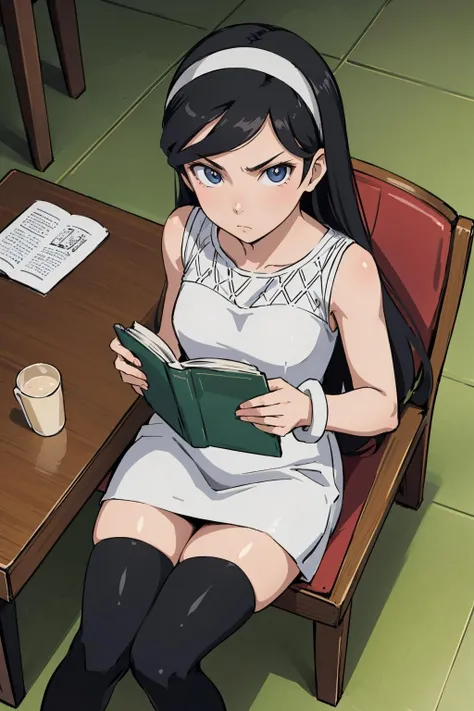 masterpiece, best quality, <lora:kumashiromaya-nvwls-v1-000009:0.9> kumashiro maya, hairband, white dress, bracelet, black thighhighs, sitting, chair, table, book, sitting in chair, looking at viewer, from above, serious