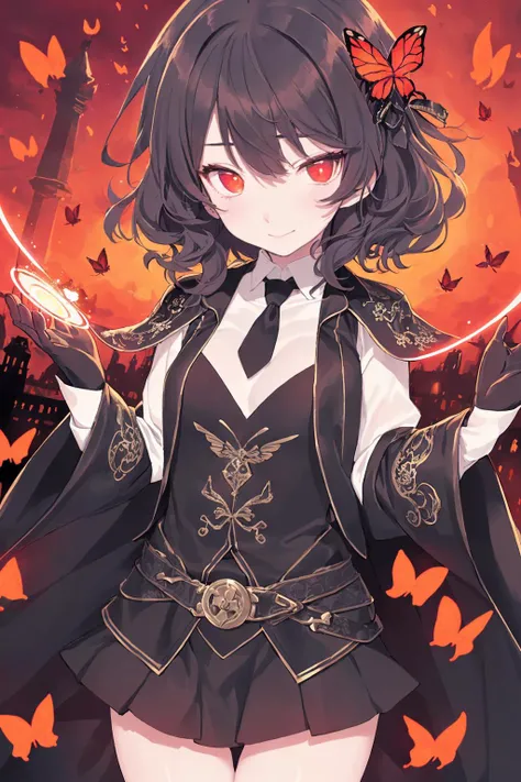 masterpiece, (best quality:1.1), (1girl), solo, cowboy shot, (finely detailed eyes and detailed face:1.3), (illustration:1.1), field of depth, (extremely fine and beautiful:1.1), (black trench coat + beautiful detailed black vest + white shirt:1.1 + black tie + black skirt + black flower on head + black gloves), (white_hair + medium_hair + wavy_hair), (red eyes:1.1),small_medium breasts, eyelashes, , pale skin, evil smile, beautiful detailed fallen small city + detailed ruin, many object, beautiful and clear background:1.2, renegade, evil, ((Red butterflies flying|around the character:1.3 + red light particles:1.15), ((perfect magic circle:1.3)), many object <lora:SilvermoonMix07:1>