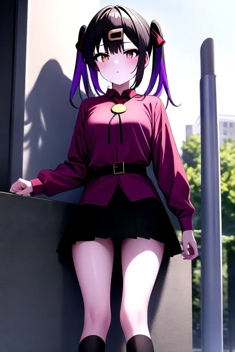 mihari_olis, 1girl, solo, red shirt, bolo tie, black skirt, black belt, black socks, outdoors